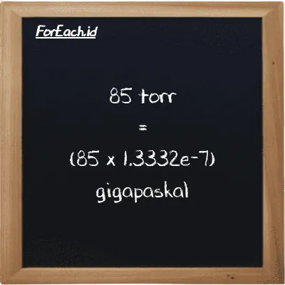 Cara konversi torr ke gigapaskal (torr ke GPa): 85 torr (torr) setara dengan 85 dikalikan dengan 1.3332e-7 gigapaskal (GPa)