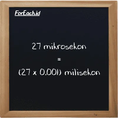 Cara konversi mikrosekon ke milisekon (µs ke ms): 27 mikrosekon (µs) setara dengan 27 dikalikan dengan 0.001 milisekon (ms)
