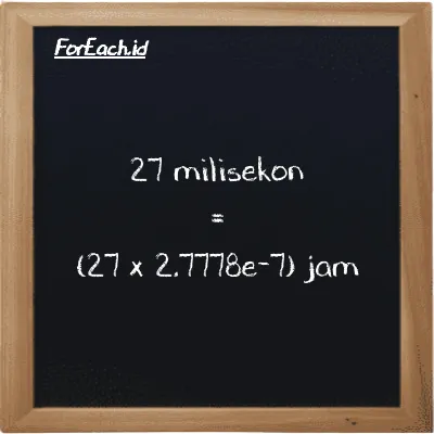 Cara konversi milisekon ke jam (ms ke h): 27 milisekon (ms) setara dengan 27 dikalikan dengan 2.7778e-7 jam (h)