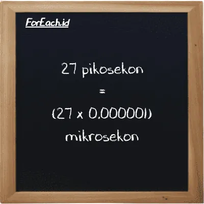 Cara konversi pikosekon ke mikrosekon (ps ke µs): 27 pikosekon (ps) setara dengan 27 dikalikan dengan 0.000001 mikrosekon (µs)