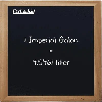 1 Imperial Galon setara dengan 4.5461 liter (1 imp gal setara dengan 4.5461 l)