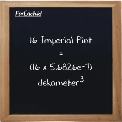 Cara konversi Imperial Pint ke dekameter<sup>3</sup> (imp pt ke dam<sup>3</sup>): 16 Imperial Pint (imp pt) setara dengan 16 dikalikan dengan 5.6826e-7 dekameter<sup>3</sup> (dam<sup>3</sup>)