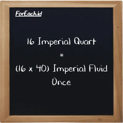 Cara konversi Imperial Quart ke Imperial Fluid Once (imp qt ke imp fl oz): 16 Imperial Quart (imp qt) setara dengan 16 dikalikan dengan 40 Imperial Fluid Once (imp fl oz)