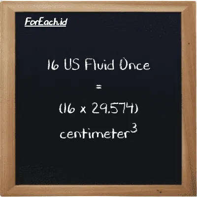 Cara konversi US Fluid Once ke centimeter<sup>3</sup> (fl oz ke cm<sup>3</sup>): 16 US Fluid Once (fl oz) setara dengan 16 dikalikan dengan 29.574 centimeter<sup>3</sup> (cm<sup>3</sup>)
