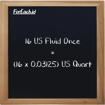 Cara konversi US Fluid Once ke US Quart (fl oz ke qt): 16 US Fluid Once (fl oz) setara dengan 16 dikalikan dengan 0.03125 US Quart (qt)