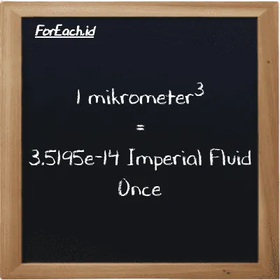 1 mikrometer<sup>3</sup> setara dengan 3.5195e-14 Imperial Fluid Once (1 µm<sup>3</sup> setara dengan 3.5195e-14 imp fl oz)