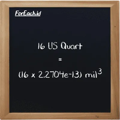 Cara konversi US Quart ke mil<sup>3</sup> (qt ke mi<sup>3</sup>): 16 US Quart (qt) setara dengan 16 dikalikan dengan 2.2704e-13 mil<sup>3</sup> (mi<sup>3</sup>)