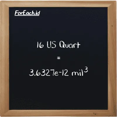 16 US Quart setara dengan 3.6327e-12 mil<sup>3</sup> (16 qt setara dengan 3.6327e-12 mi<sup>3</sup>)
