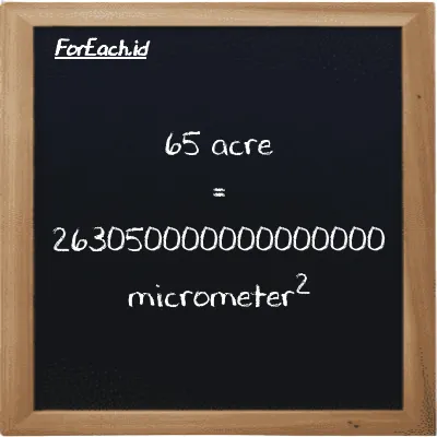 65 acre is equivalent to 263050000000000000 micrometer<sup>2</sup> (65 ac is equivalent to 263050000000000000 µm<sup>2</sup>)