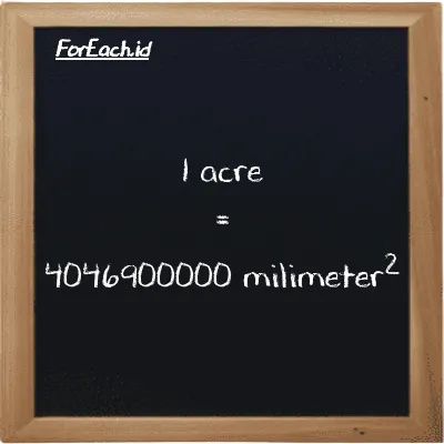 1 acre is equivalent to 4046900000 millimeter<sup>2</sup> (1 ac is equivalent to 4046900000 mm<sup>2</sup>)