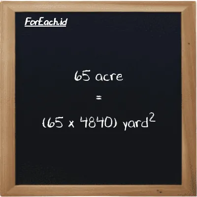 How to convert acre to yard<sup>2</sup>: 65 acre (ac) is equivalent to 65 times 4840 yard<sup>2</sup> (yd<sup>2</sup>)
