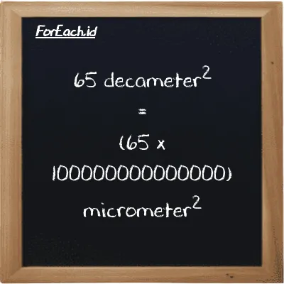 How to convert decameter<sup>2</sup> to micrometer<sup>2</sup>: 65 decameter<sup>2</sup> (dam<sup>2</sup>) is equivalent to 65 times 100000000000000 micrometer<sup>2</sup> (µm<sup>2</sup>)