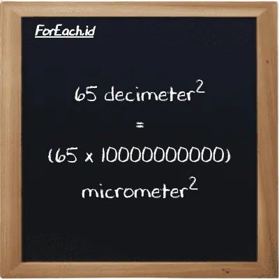 How to convert decimeter<sup>2</sup> to micrometer<sup>2</sup>: 65 decimeter<sup>2</sup> (dm<sup>2</sup>) is equivalent to 65 times 10000000000 micrometer<sup>2</sup> (µm<sup>2</sup>)