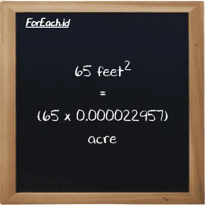 How to convert feet<sup>2</sup> to acre: 65 feet<sup>2</sup> (ft<sup>2</sup>) is equivalent to 65 times 0.000022957 acre (ac)