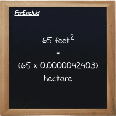 How to convert feet<sup>2</sup> to hectare: 65 feet<sup>2</sup> (ft<sup>2</sup>) is equivalent to 65 times 0.0000092903 hectare (ha)