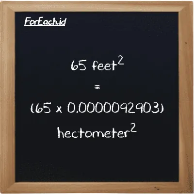 How to convert feet<sup>2</sup> to hectometer<sup>2</sup>: 65 feet<sup>2</sup> (ft<sup>2</sup>) is equivalent to 65 times 0.0000092903 hectometer<sup>2</sup> (hm<sup>2</sup>)