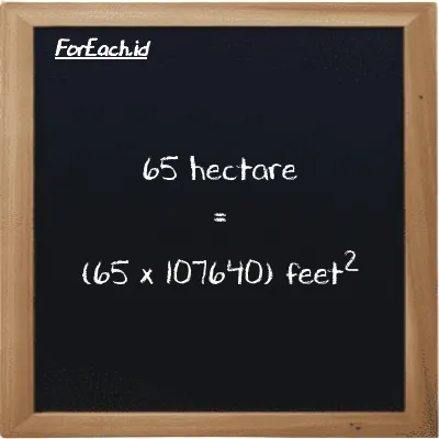 How to convert hectare to feet<sup>2</sup>: 65 hectare (ha) is equivalent to 65 times 107640 feet<sup>2</sup> (ft<sup>2</sup>)