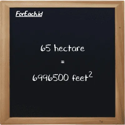 65 hectare is equivalent to 6996500 feet<sup>2</sup> (65 ha is equivalent to 6996500 ft<sup>2</sup>)