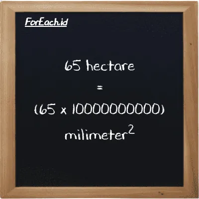 How to convert hectare to millimeter<sup>2</sup>: 65 hectare (ha) is equivalent to 65 times 10000000000 millimeter<sup>2</sup> (mm<sup>2</sup>)