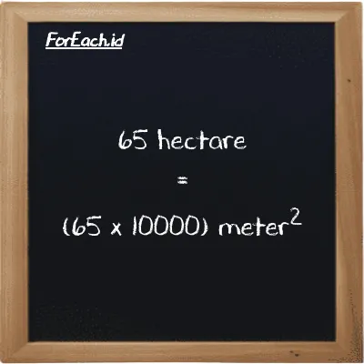 How to convert hectare to meter<sup>2</sup>: 65 hectare (ha) is equivalent to 65 times 10000 meter<sup>2</sup> (m<sup>2</sup>)