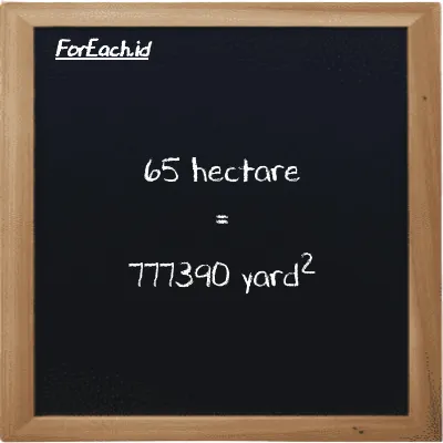 65 hectare is equivalent to 777390 yard<sup>2</sup> (65 ha is equivalent to 777390 yd<sup>2</sup>)