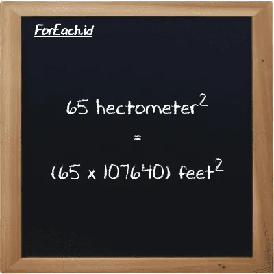 How to convert hectometer<sup>2</sup> to feet<sup>2</sup>: 65 hectometer<sup>2</sup> (hm<sup>2</sup>) is equivalent to 65 times 107640 feet<sup>2</sup> (ft<sup>2</sup>)