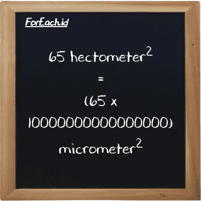 How to convert hectometer<sup>2</sup> to micrometer<sup>2</sup>: 65 hectometer<sup>2</sup> (hm<sup>2</sup>) is equivalent to 65 times 10000000000000000 micrometer<sup>2</sup> (µm<sup>2</sup>)