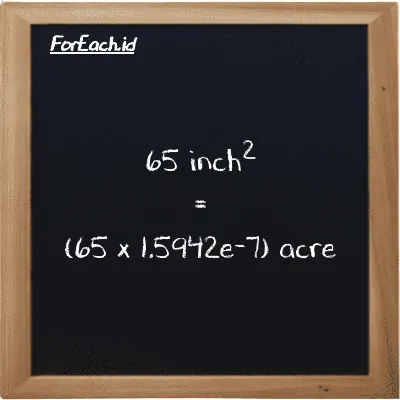 How to convert inch<sup>2</sup> to acre: 65 inch<sup>2</sup> (in<sup>2</sup>) is equivalent to 65 times 1.5942e-7 acre (ac)