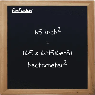 How to convert inch<sup>2</sup> to hectometer<sup>2</sup>: 65 inch<sup>2</sup> (in<sup>2</sup>) is equivalent to 65 times 6.4516e-8 hectometer<sup>2</sup> (hm<sup>2</sup>)
