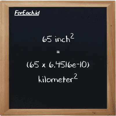 How to convert inch<sup>2</sup> to kilometer<sup>2</sup>: 65 inch<sup>2</sup> (in<sup>2</sup>) is equivalent to 65 times 6.4516e-10 kilometer<sup>2</sup> (km<sup>2</sup>)