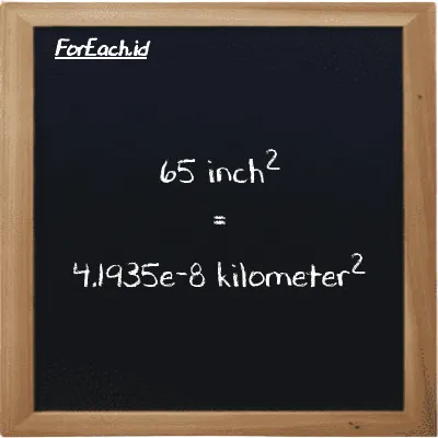 65 inch<sup>2</sup> is equivalent to 4.1935e-8 kilometer<sup>2</sup> (65 in<sup>2</sup> is equivalent to 4.1935e-8 km<sup>2</sup>)