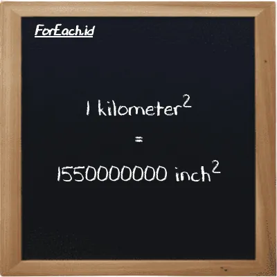 1 kilometer<sup>2</sup> is equivalent to 1550000000 inch<sup>2</sup> (1 km<sup>2</sup> is equivalent to 1550000000 in<sup>2</sup>)
