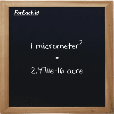 1 micrometer<sup>2</sup> is equivalent to 2.4711e-16 acre (1 µm<sup>2</sup> is equivalent to 2.4711e-16 ac)