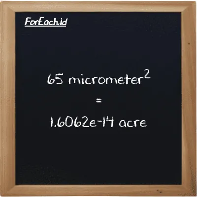 65 micrometer<sup>2</sup> is equivalent to 1.6062e-14 acre (65 µm<sup>2</sup> is equivalent to 1.6062e-14 ac)