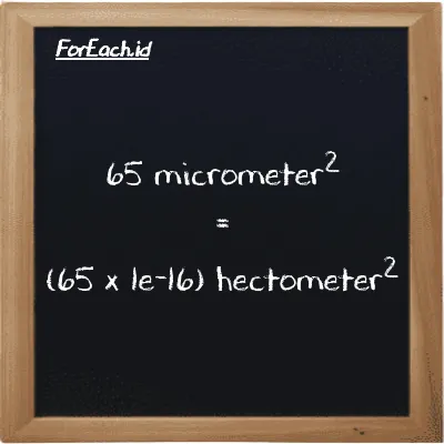 How to convert micrometer<sup>2</sup> to hectometer<sup>2</sup>: 65 micrometer<sup>2</sup> (µm<sup>2</sup>) is equivalent to 65 times 1e-16 hectometer<sup>2</sup> (hm<sup>2</sup>)