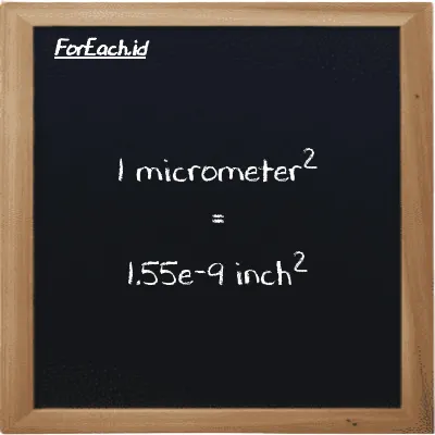 1 micrometer<sup>2</sup> is equivalent to 1.55e-9 inch<sup>2</sup> (1 µm<sup>2</sup> is equivalent to 1.55e-9 in<sup>2</sup>)