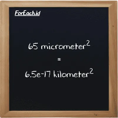 65 micrometer<sup>2</sup> is equivalent to 6.5e-17 kilometer<sup>2</sup> (65 µm<sup>2</sup> is equivalent to 6.5e-17 km<sup>2</sup>)