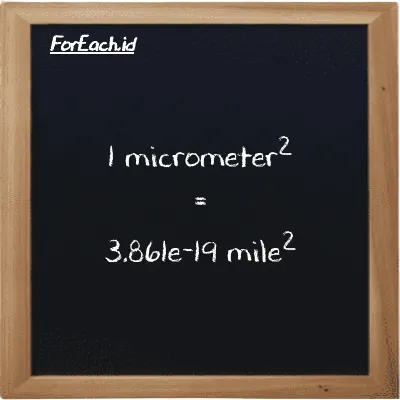 1 micrometer<sup>2</sup> is equivalent to 3.861e-19 mile<sup>2</sup> (1 µm<sup>2</sup> is equivalent to 3.861e-19 mi<sup>2</sup>)