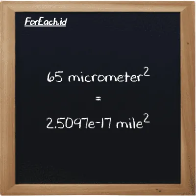 65 micrometer<sup>2</sup> is equivalent to 2.5097e-17 mile<sup>2</sup> (65 µm<sup>2</sup> is equivalent to 2.5097e-17 mi<sup>2</sup>)