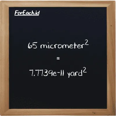 65 micrometer<sup>2</sup> is equivalent to 7.7739e-11 yard<sup>2</sup> (65 µm<sup>2</sup> is equivalent to 7.7739e-11 yd<sup>2</sup>)