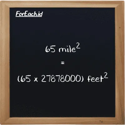 How to convert mile<sup>2</sup> to feet<sup>2</sup>: 65 mile<sup>2</sup> (mi<sup>2</sup>) is equivalent to 65 times 27878000 feet<sup>2</sup> (ft<sup>2</sup>)