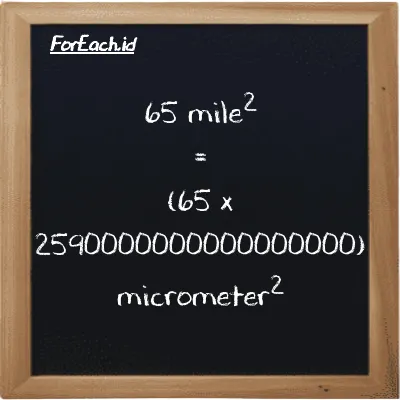 How to convert mile<sup>2</sup> to micrometer<sup>2</sup>: 65 mile<sup>2</sup> (mi<sup>2</sup>) is equivalent to 65 times 2590000000000000000 micrometer<sup>2</sup> (µm<sup>2</sup>)