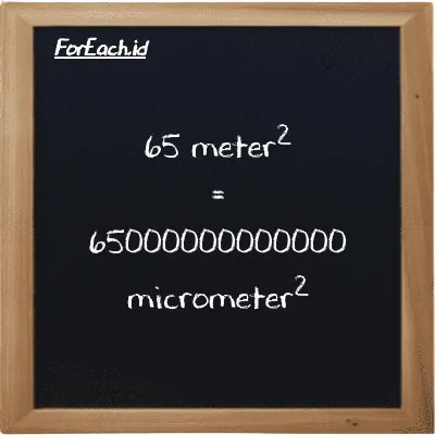 65 meter<sup>2</sup> is equivalent to 65000000000000 micrometer<sup>2</sup> (65 m<sup>2</sup> is equivalent to 65000000000000 µm<sup>2</sup>)