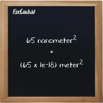 How to convert nanometer<sup>2</sup> to meter<sup>2</sup>: 65 nanometer<sup>2</sup> (nm<sup>2</sup>) is equivalent to 65 times 1e-18 meter<sup>2</sup> (m<sup>2</sup>)