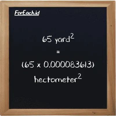 How to convert yard<sup>2</sup> to hectometer<sup>2</sup>: 65 yard<sup>2</sup> (yd<sup>2</sup>) is equivalent to 65 times 0.000083613 hectometer<sup>2</sup> (hm<sup>2</sup>)