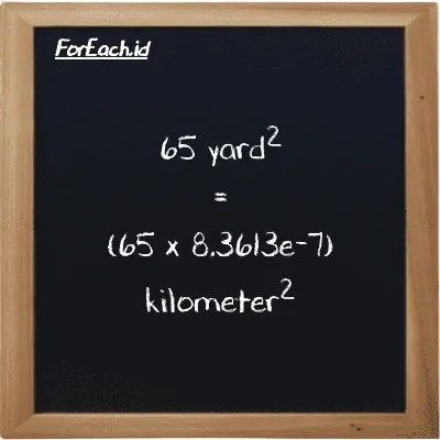 How to convert yard<sup>2</sup> to kilometer<sup>2</sup>: 65 yard<sup>2</sup> (yd<sup>2</sup>) is equivalent to 65 times 8.3613e-7 kilometer<sup>2</sup> (km<sup>2</sup>)