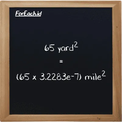 How to convert yard<sup>2</sup> to mile<sup>2</sup>: 65 yard<sup>2</sup> (yd<sup>2</sup>) is equivalent to 65 times 3.2283e-7 mile<sup>2</sup> (mi<sup>2</sup>)