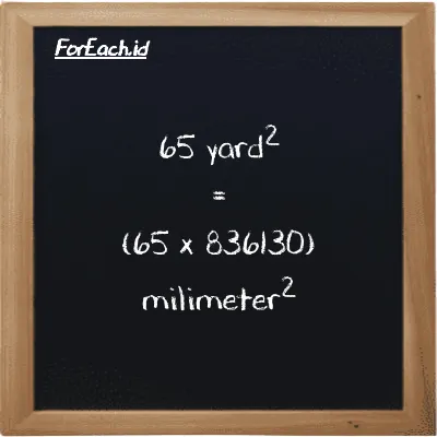 How to convert yard<sup>2</sup> to millimeter<sup>2</sup>: 65 yard<sup>2</sup> (yd<sup>2</sup>) is equivalent to 65 times 836130 millimeter<sup>2</sup> (mm<sup>2</sup>)