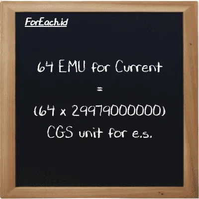 How to convert EMU for Current to CGS unit for e.s.: 64 EMU for Current (emu) is equivalent to 64 times 29979000000 CGS unit for e.s. (cgs-esu)