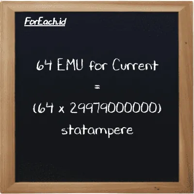 How to convert EMU for Current to statampere: 64 EMU for Current (emu) is equivalent to 64 times 29979000000 statampere (statA)